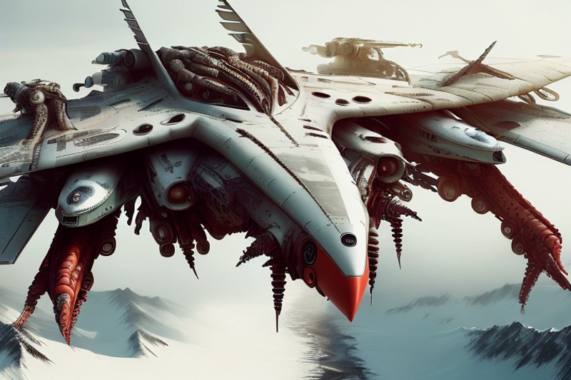 <lora:cthulhuTECH_r1_e15:1> cthulhutech aircraft _ VTOL with extra arms _ flying over tundra landscape , high detail, high...